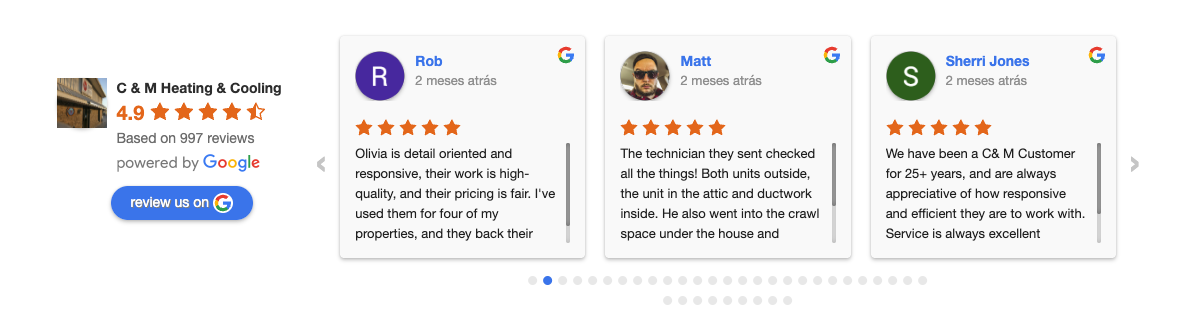 C & M Heating & Cooling Google reviews showing high ratings and customer feedback from Rob, Matt, and Sherri Jones.