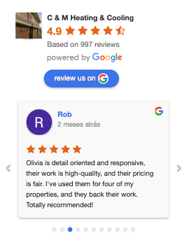 C & M Heating & Cooling 4.9-star Google review highlighting quality and responsive customer service.